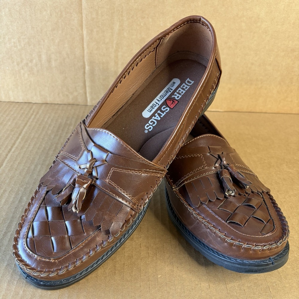 Deer Stags Herman Loafers Mens 12M Brown Woven Kiltie Tassel Slip On Dress Shoes